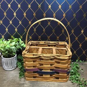 Amish-Style Woven Basket  – Brown with Blue & Purple Accents